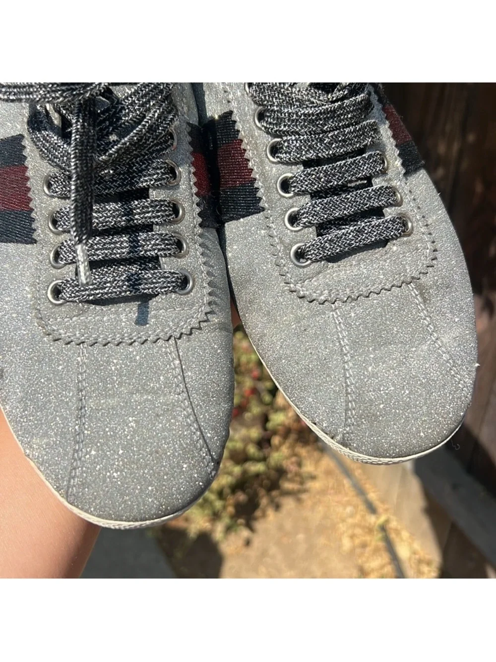 $895 Gucci Metallic Silver Glitter Bambi Web Detail Studded Low Top Sneakers 9
